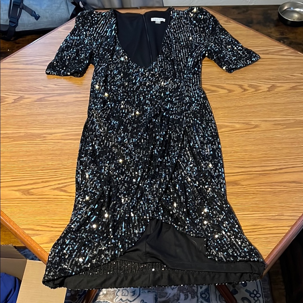 Calvin Klein Black Sequence Flare Dress (Size 12)